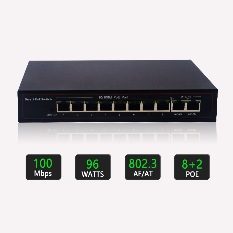 10/100Mbps 8 Port PoE Switch With 2 Gigabit Uplink 48V Power Over Ethernet Switches For CCTV Camera