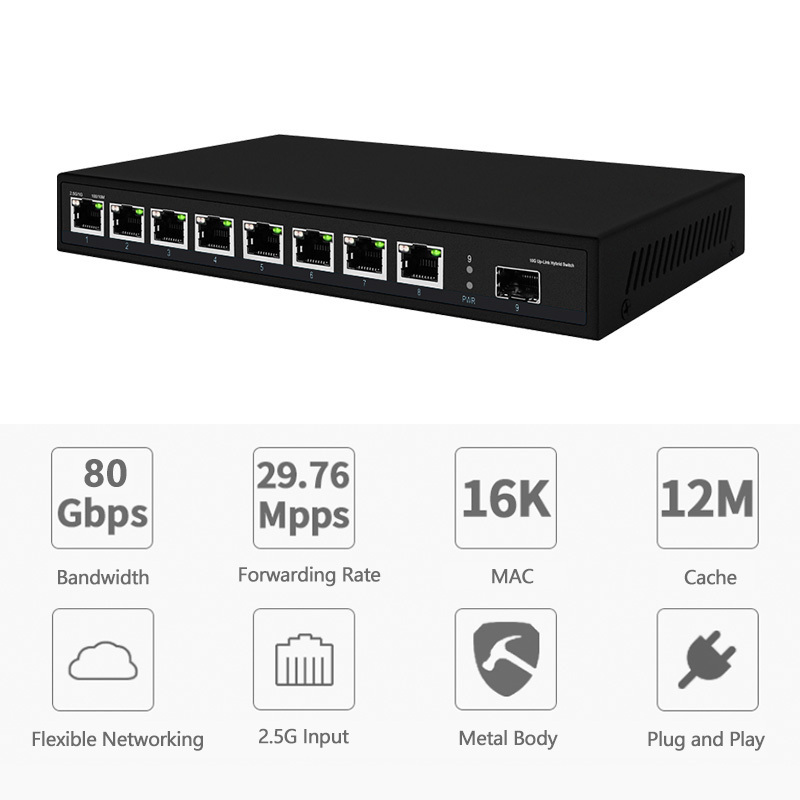 8-Port 2.5G Ethernet Switch with 1 10G SFP 100/1000/2500Mbps Unmanaged Network POE++ Switch