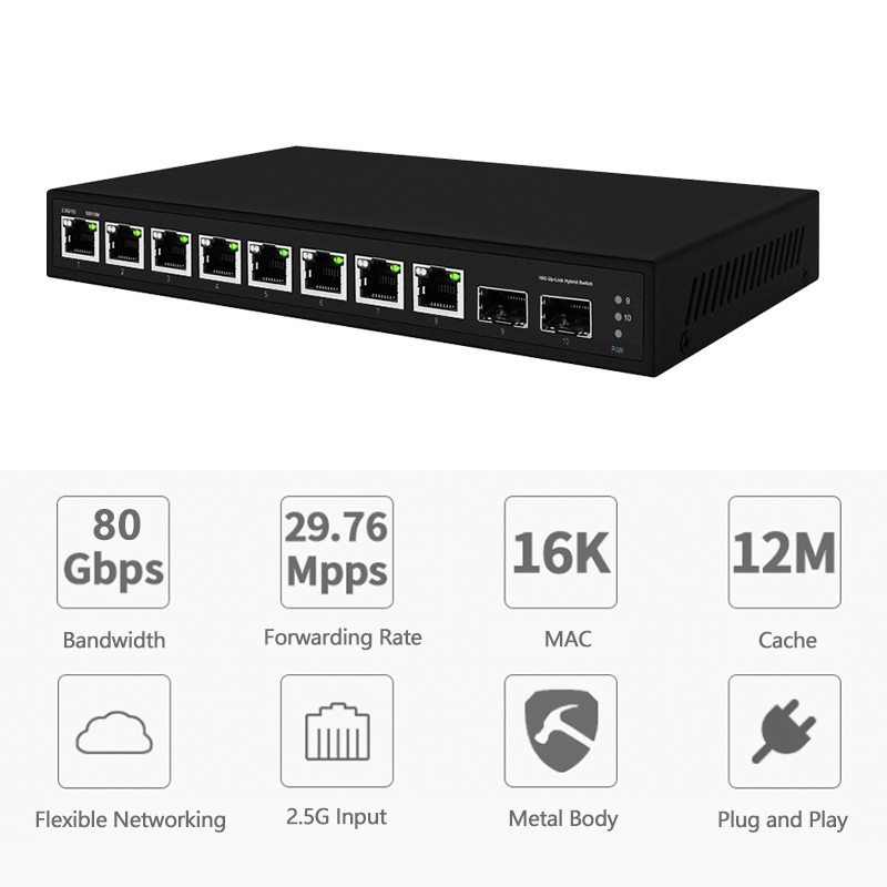 8-Port 2.5G Ethernet Switch with 2 10G SFP 100/1000/2500Mbps Unmanaged Network POE+ Switch