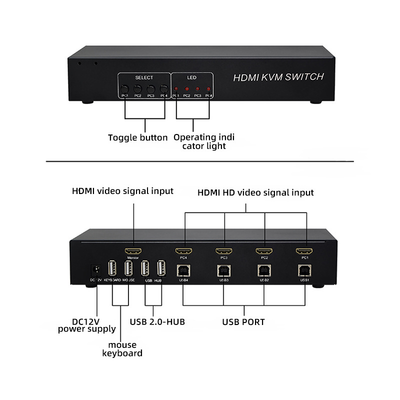 4K@120Hz 4 Port HDMI KVM Switcher With USB2.0 HUB HDMI 2.0 4 in 1 out Switch