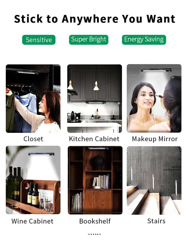 Infrared Motion Detector LED Closet Night Light Motion Sensor LED Light USB Rechargeable 1000mAh Kitchen Sensor Cabinet Light