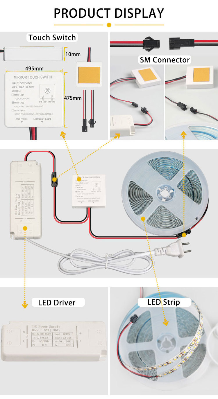 FICLUX DC12V 24V 5A Mini LED Light One-button Dimmable Touch Sensor Control Switch for Smart Bath Mirror