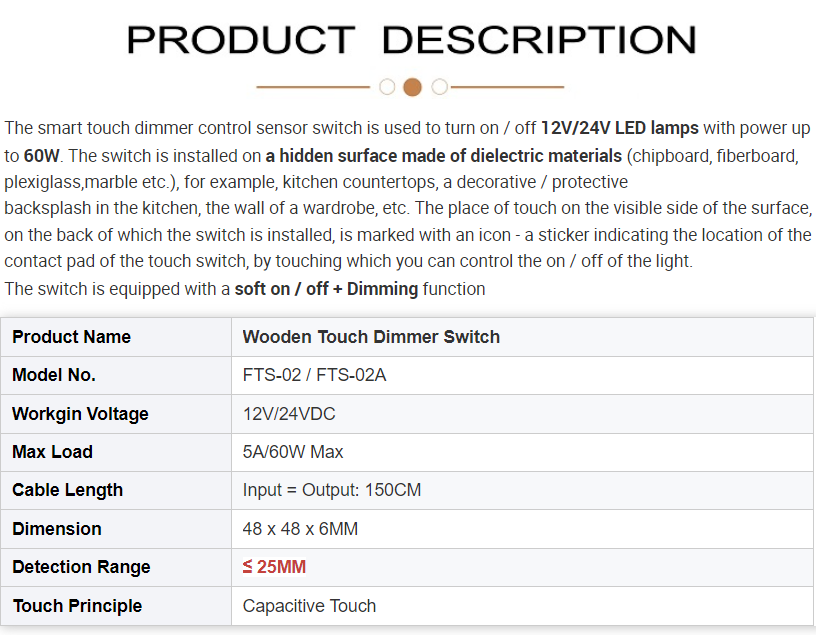 DC12V 24V Invisible Smart LED Dimmer Touch Switch for Hidden Behind Wood Glass Acrylic Cabinet Stone Board