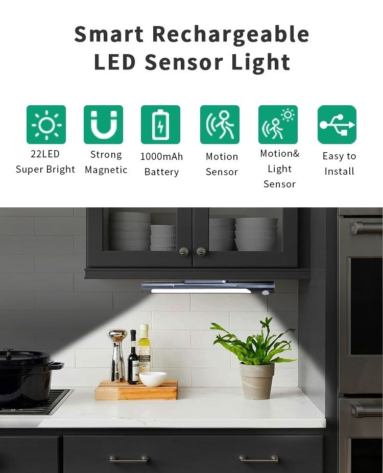 Infrared Motion Detector LED Closet Night Light Motion Sensor LED Light USB Rechargeable 1000mAh Kitchen Sensor Cabinet Light