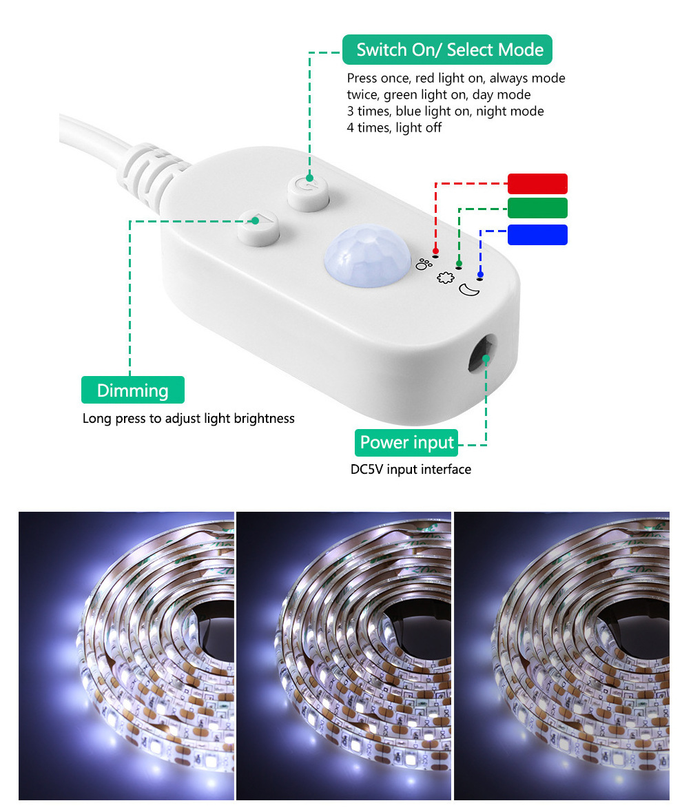 6.6ft/2M USB Powered 5V Warm White 3000K 6000k luces led Pir Sensor LED Night Light Motion Sensor Activated LED Strip Light