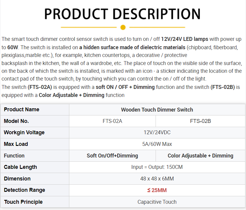 FICLUX 12V 24V Tricolor Dimmer Controller 60W Hidden Touch Sensor Switch for Cabinet Wardrobe