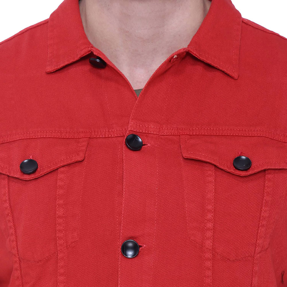 Hot Sale Men's Denim Jackets Red Color Full Sleeves Turn Down Collar Customized Plain Jackets With OEM Service