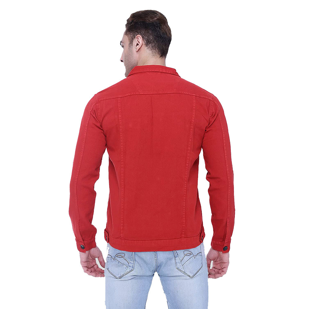 Hot Sale Men's Denim Jackets Red Color Full Sleeves Turn Down Collar Customized Plain Jackets With OEM Service