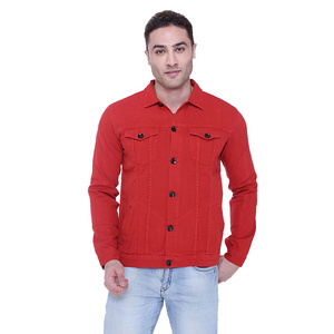 Hot Sale Men's Denim Jackets Red Color Full Sleeves Turn Down Collar Customized Plain Jackets With OEM Service