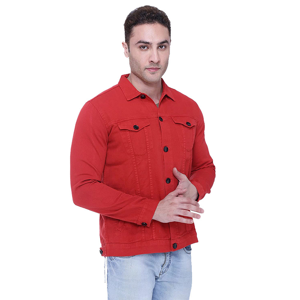 Hot Sale Men's Denim Jackets Red Color Full Sleeves Turn Down Collar Customized Plain Jackets With OEM Service