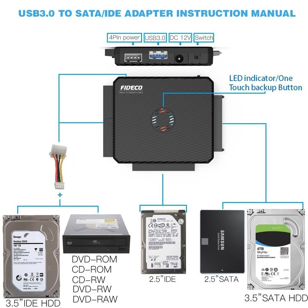 FIDECO Inch 2.5 Otb Converter Usb Ide Usb3 To Ssd 7+15 22 Pin Sata 3.0 Iii External Hard Drive Disk Cable