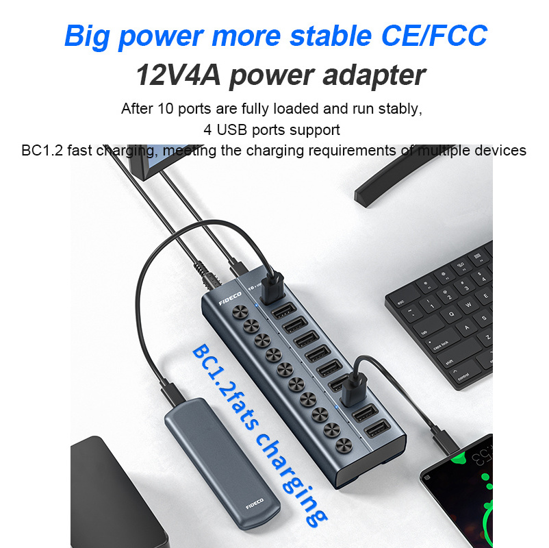 FIDECO Industrial Custom Multiport Powered Usb Hubs Splitters 3.0 New 4 7 10 13 Ports usb c hub With Individual Power Switches Usb Hubs