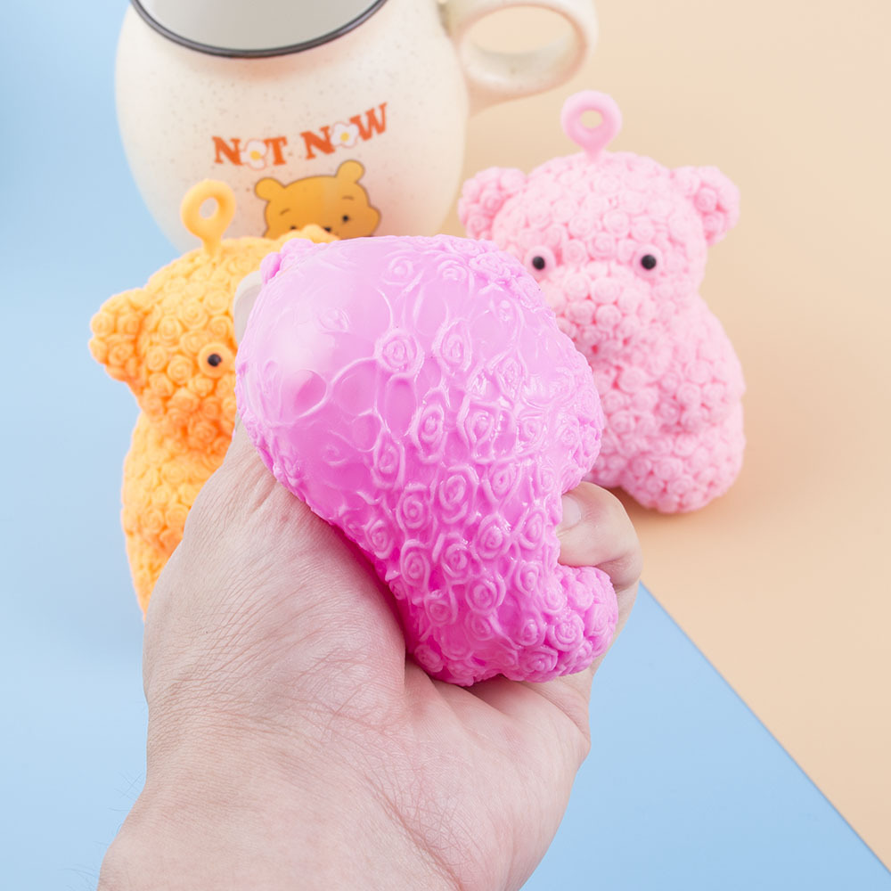 EE403 Wholesale Solid Color Rose Bear Stress Ball Slow Rebounding TPR Squishy Balls Soft Stretchy Rose Bear Squish Stress Ball