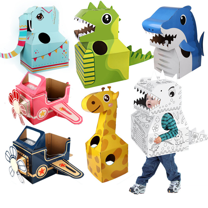 EE590 Custom Children Wearable Paper Box Carton Performance Unicorn Animal Clothes DIY 3D Dinosaur Cardboard Costume Wearing Toy