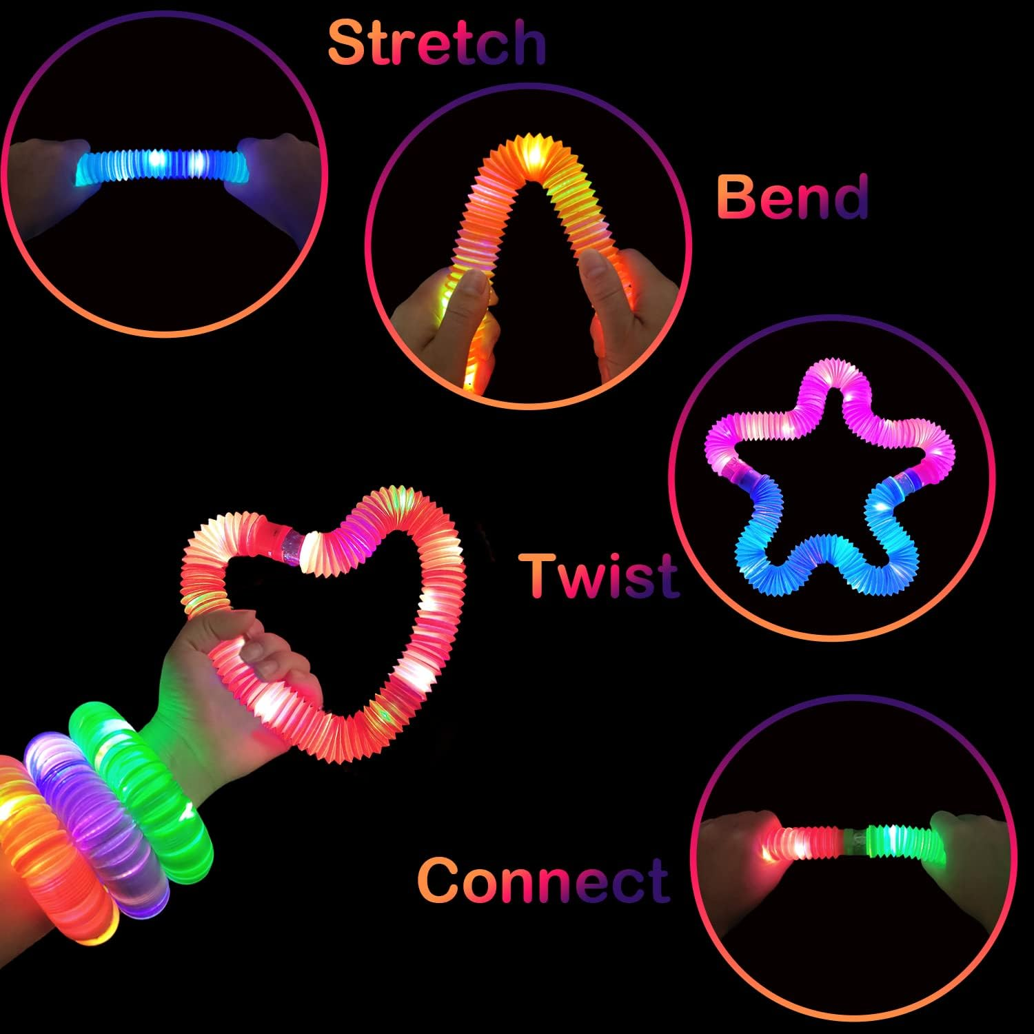 YH Glow in The Dark LED Light Up Toys Pop Tubes Fidget Toys Autism Sensory Toys Set Party Supplies Kids Pop Tube Led Pop Tubes