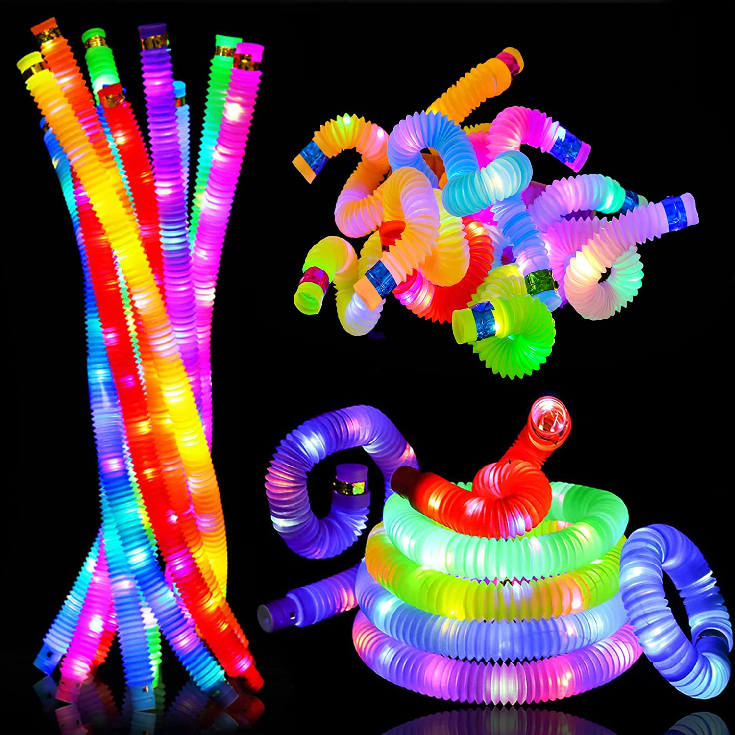 YH Glow in The Dark LED Light Up Toys Pop Tubes Fidget Toys Autism Sensory Toys Set Party Supplies Kids Pop Tube Led Pop Tubes