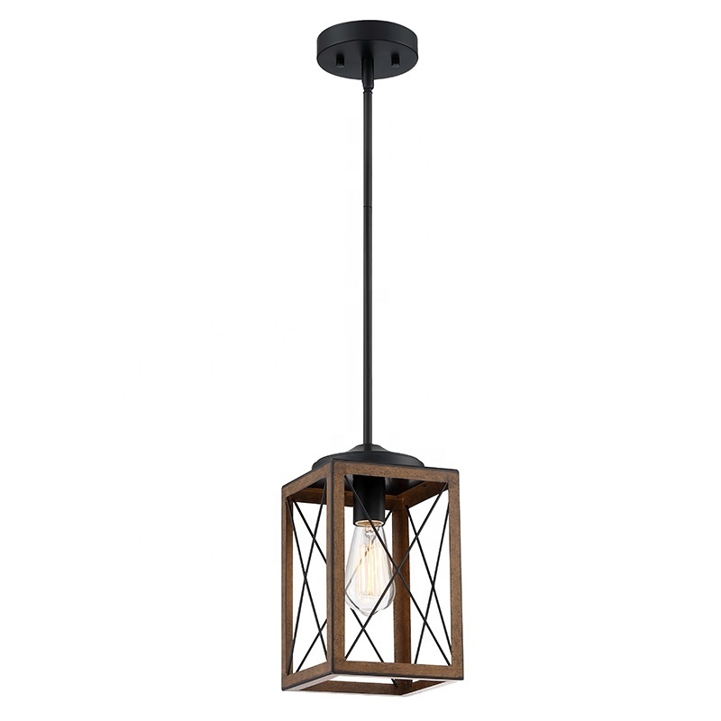 1-Light Farmhouse Modern Chandelier mini-Pendant Light Hanging Lantern black and wood finish for Porch entryway