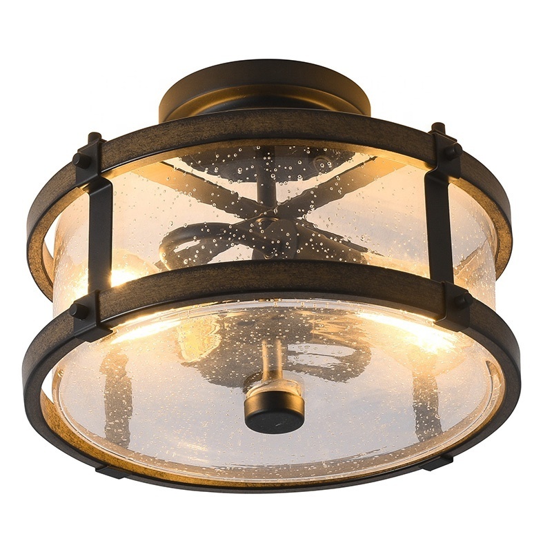 Room ceiling lighting Semi Flush Mount lighting Fixture  seeded glass black and barn wood indoor ceiling