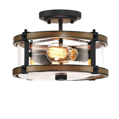 Farmhouse Room ceiling light Semi-Flush Mount lighting Fixture  seeded glass black bronze and barn wood indoor ceiling