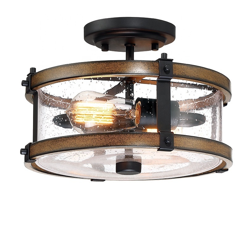 Farmhouse Room ceiling light Semi-Flush Mount lighting Fixture  seeded glass black bronze and barn wood indoor ceiling