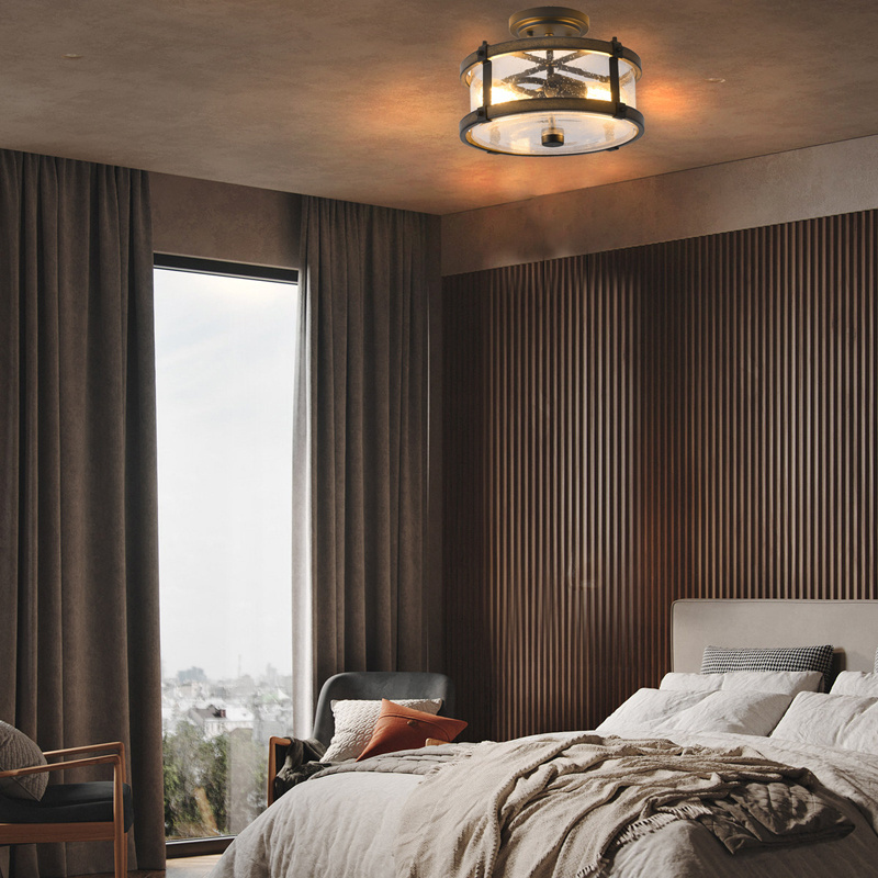 Farmhouse Room ceiling light Semi-Flush Mount lighting Fixture  seeded glass black bronze and barn wood indoor ceiling