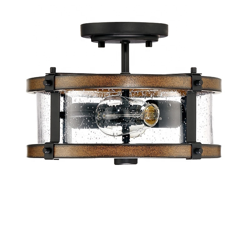 Farmhouse classic ceiling light Semi-Flush Mount lighting Fixture seeded glass black and barn wood decorative indoor ceiling