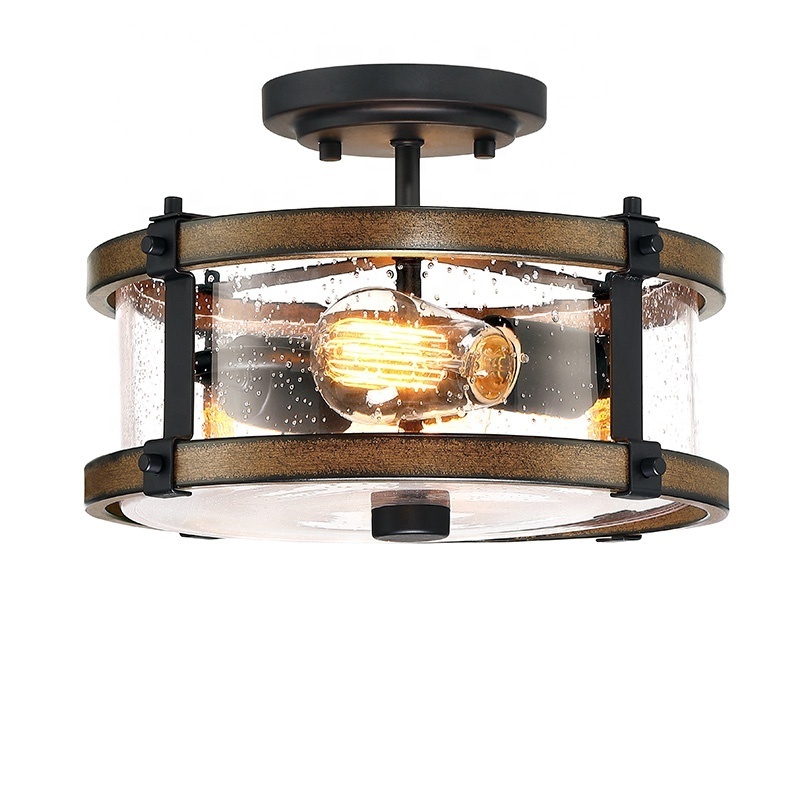 Farmhouse classic ceiling light Semi-Flush Mount lighting Fixture seeded glass black and barn wood decorative indoor ceiling