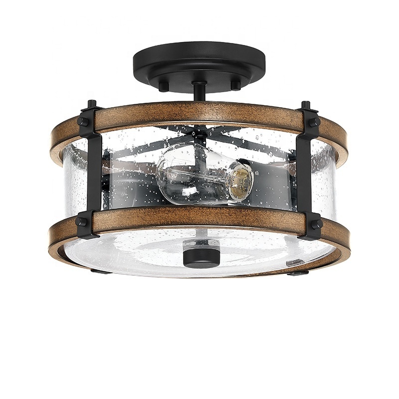 Farmhouse classic ceiling light Semi-Flush Mount lighting Fixture seeded glass black and barn wood decorative indoor ceiling