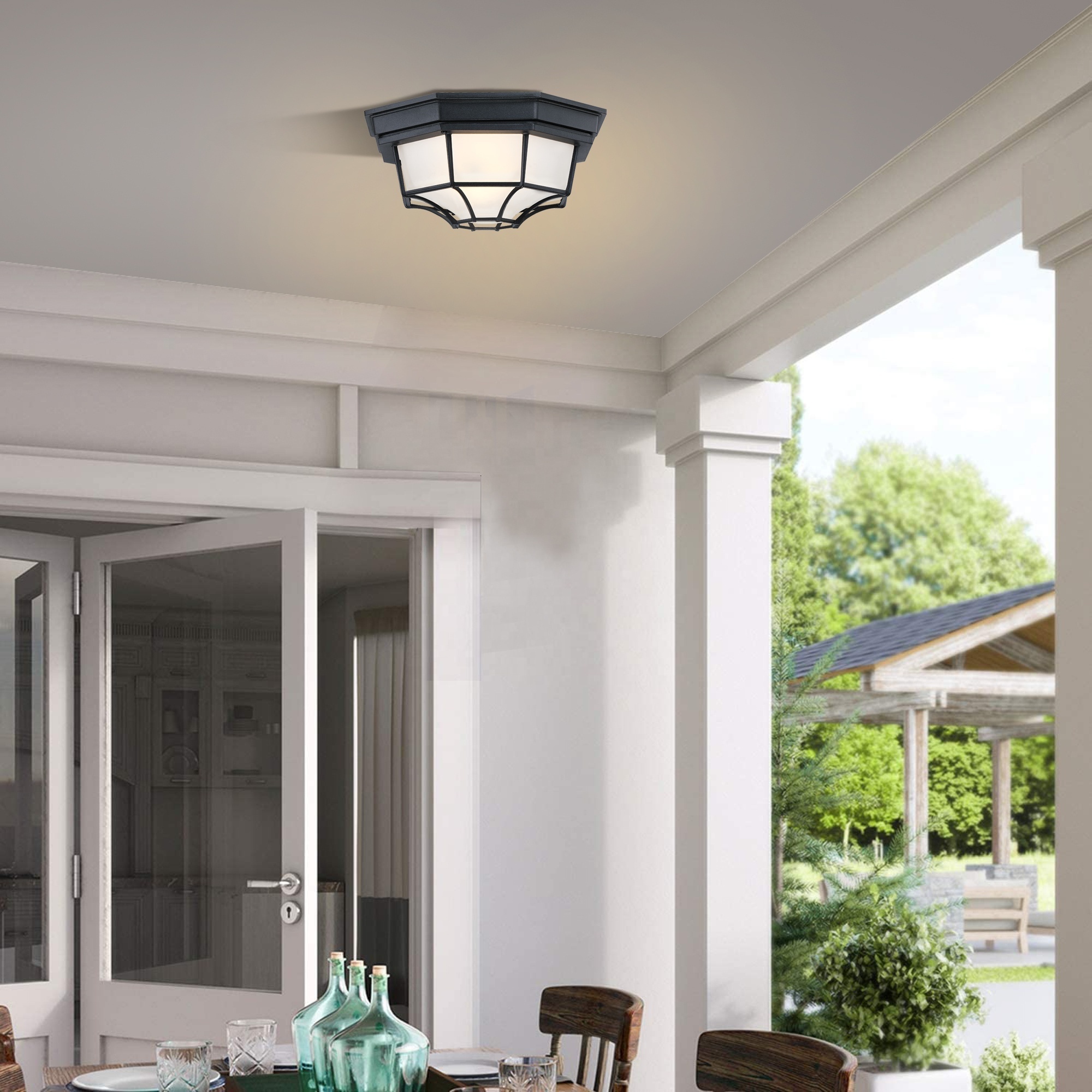 Ceiling Light Fixture Outdoor Flush Mount Matte Black Aluminum Indoor Ceiling Light Fixture with Frosted Glass