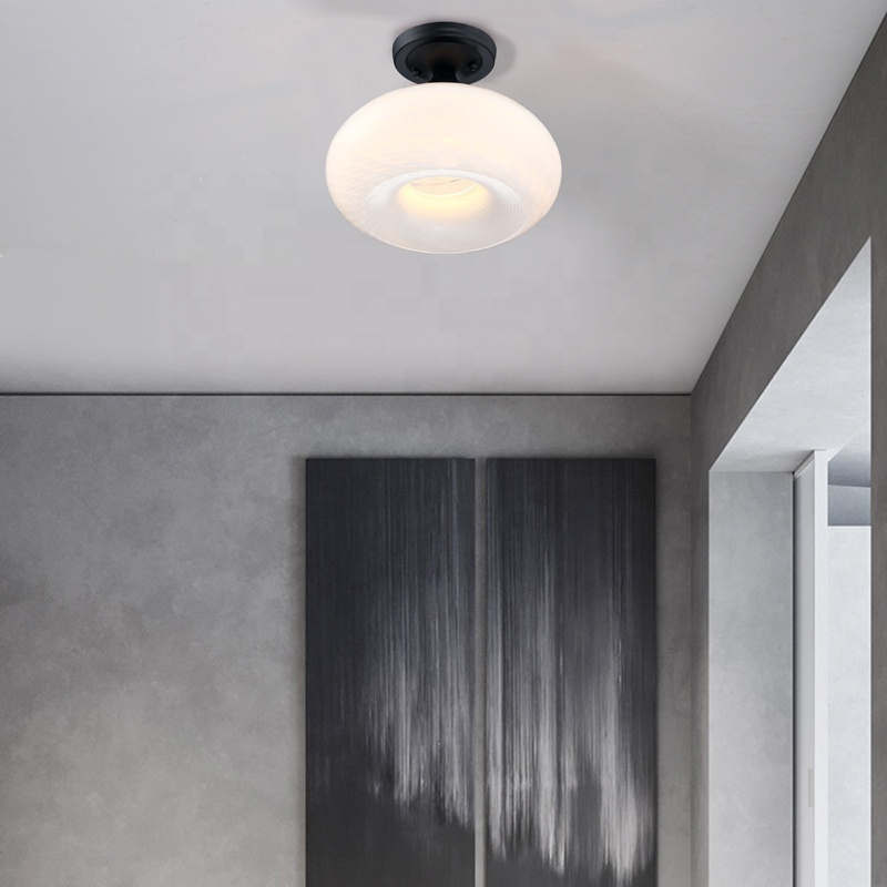 Modern Hallway Light Fixtures for Entryway stairwell  Bathroom Semi Flush Mount Ceiling Light black finish white Glass Shade