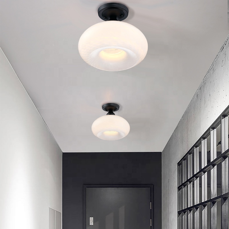 Modern Hallway Light Fixtures for Entryway stairwell  Bathroom Semi Flush Mount Ceiling Light black finish white Glass Shade