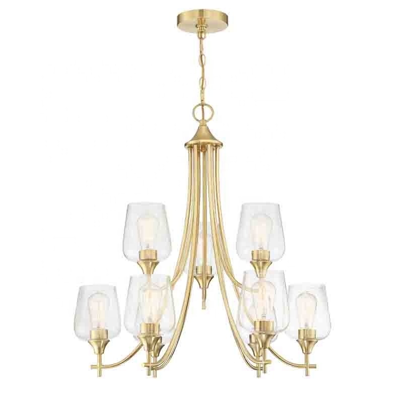 9-Light big Candle Chandelier industrial  brass finish with clear class shade Dining Room  Living Room  Pendant Light Fixture