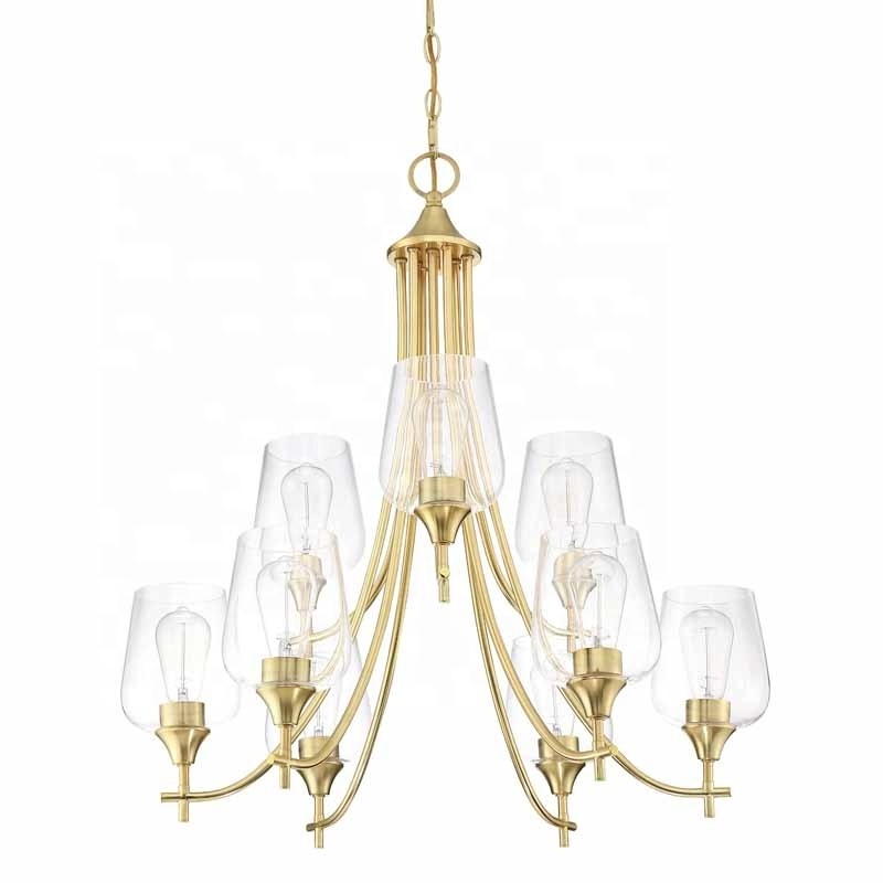 9-Light big Candle Chandelier industrial  brass finish with clear class shade Dining Room  Living Room  Pendant Light Fixture