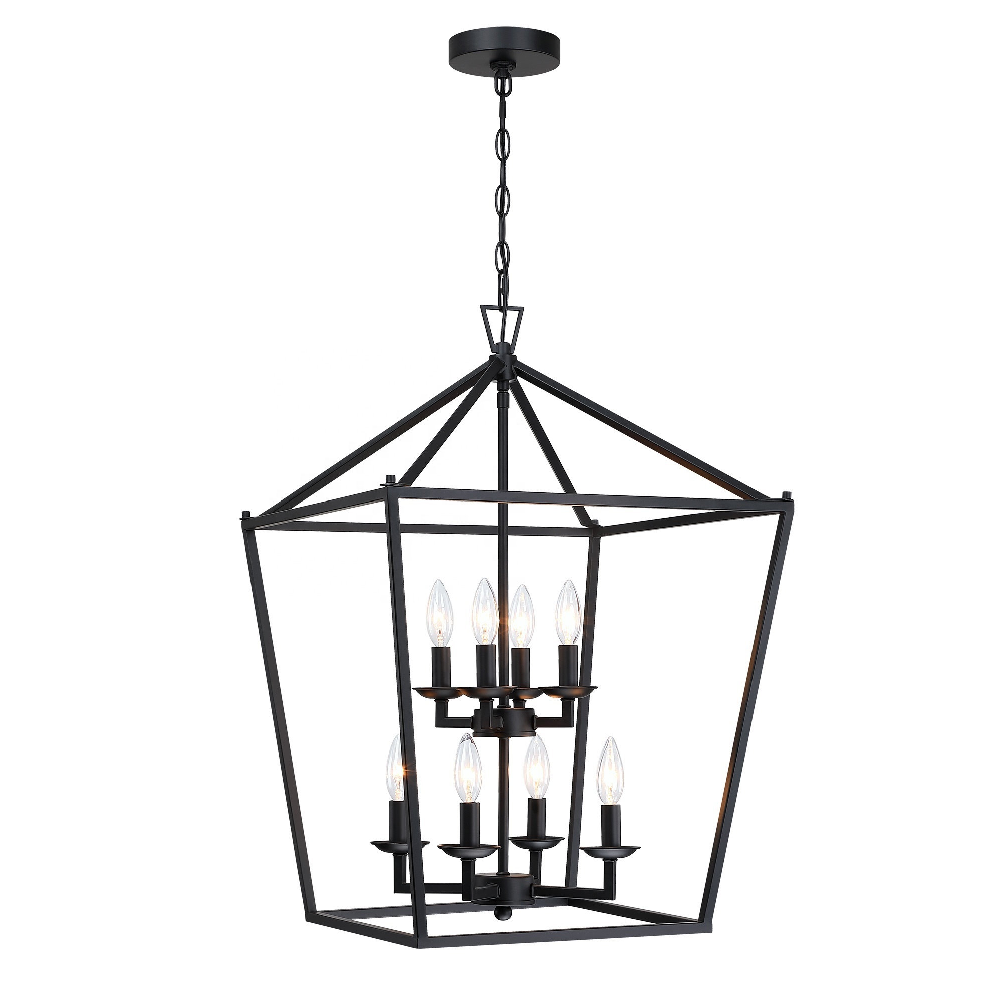 8-light Black Chandelier 19 Inches Cage Hanging Lights Rustic Lantern Pendant Lighting Kitchen Island Dining Room Foyer Hallway