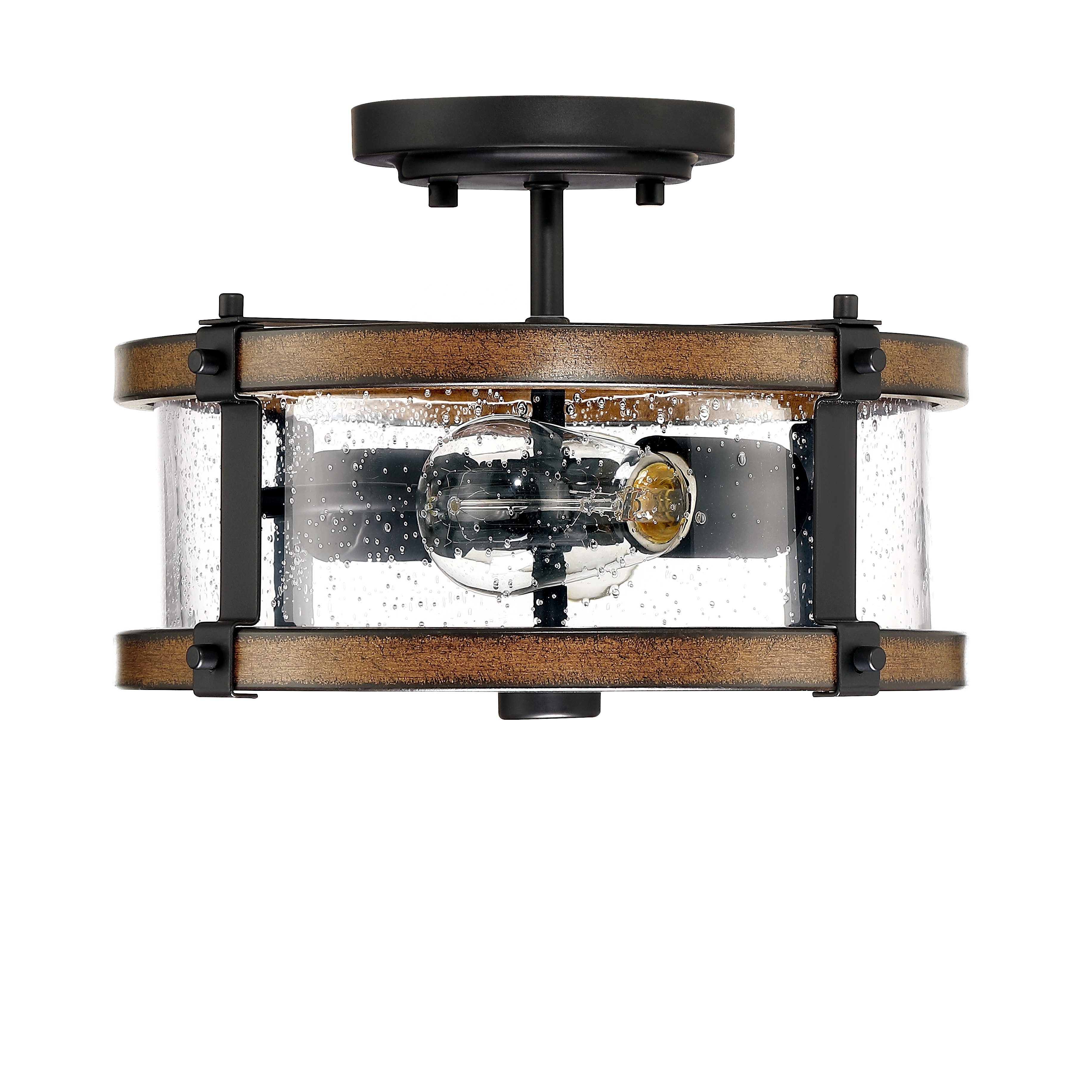 2-light Farmhouse classic ceiling light semi-flush mount light fixture seeded glass black&wood finish Hallway Kitchen  Stairways