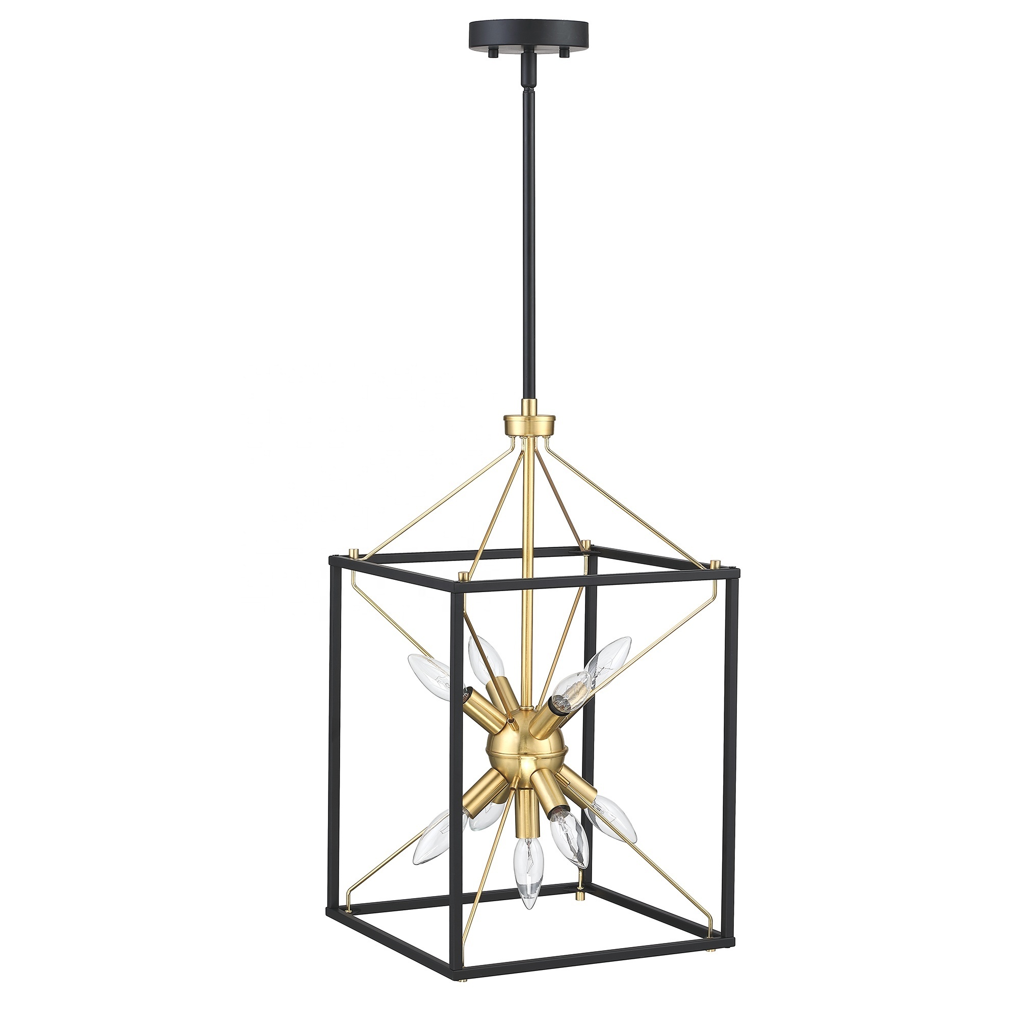 Farmhouse 9-Light square gold&black accents chandelier Pendant Light Fixture Kitchen Island living room stairway