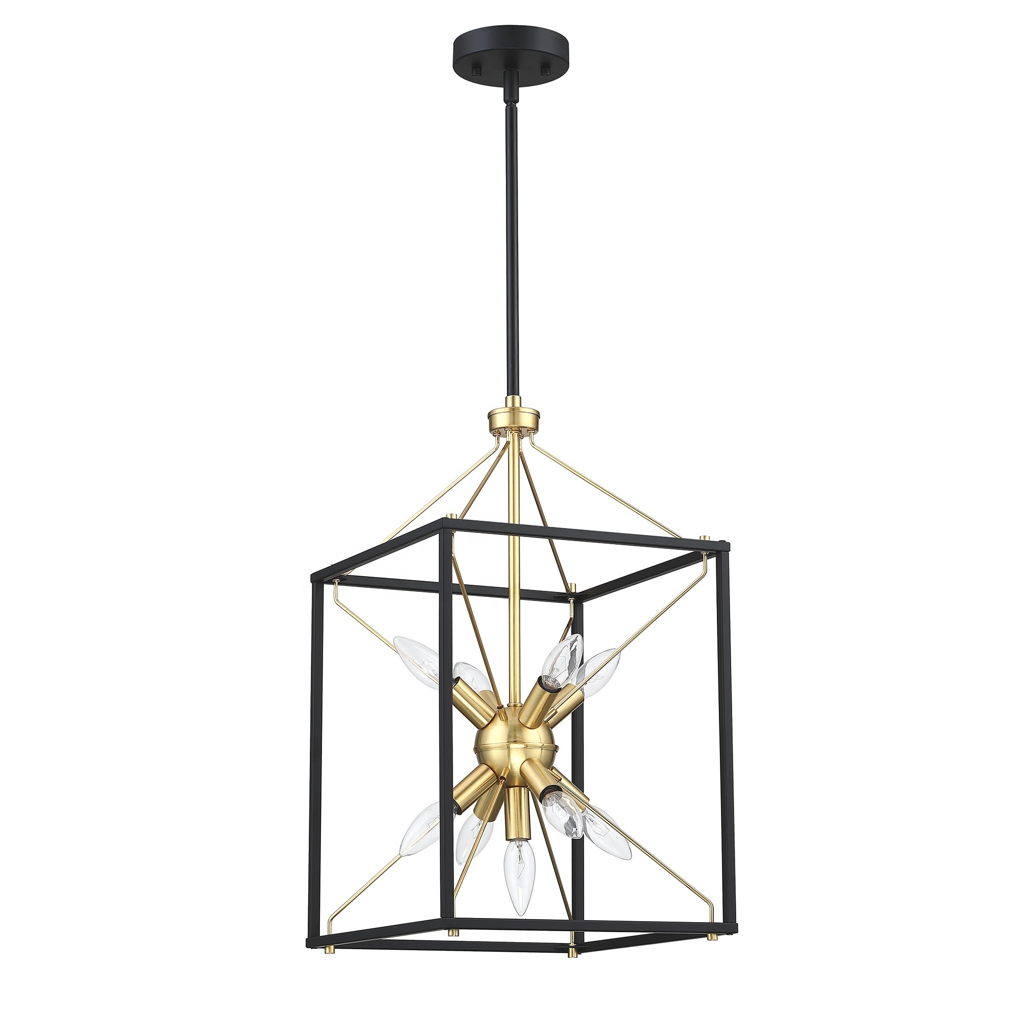 Farmhouse 9-Light square gold&black accents chandelier Pendant Light Fixture Kitchen Island living room stairway