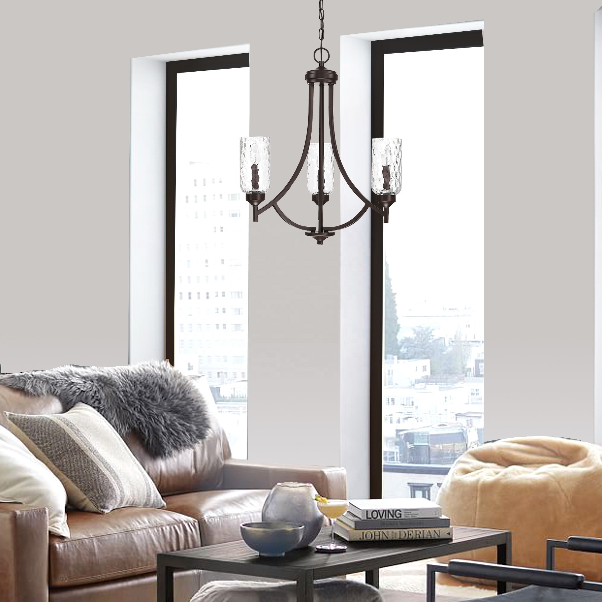 Contemporary 3- Light Chandelier Modern pendant lamp Brass finish Water Wave Glass shade Living Room Bedroom stairway