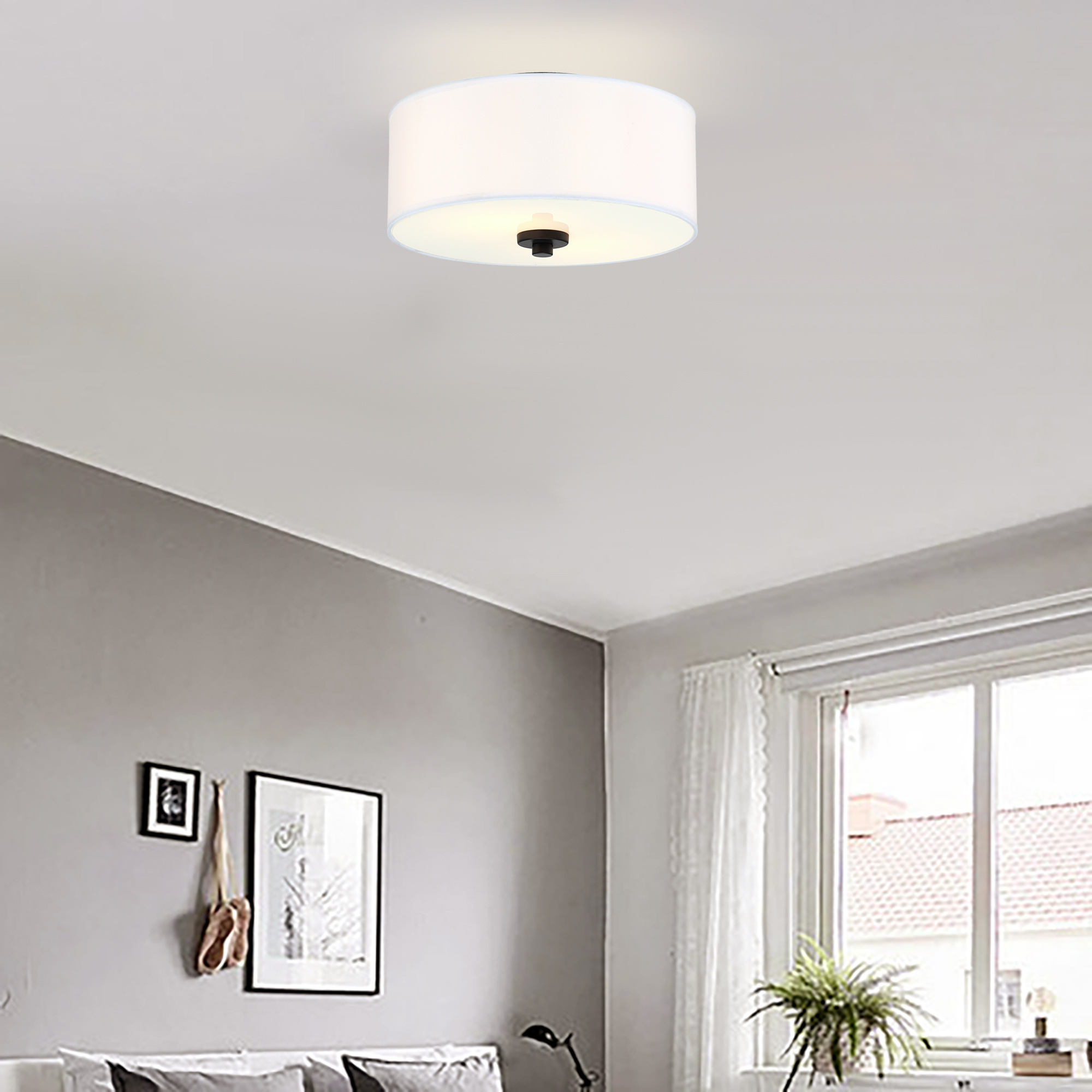 2-Light Flush Mount Ceiling Light Fixture Modern Ceiling Light with White Fabric Drum Shade Black bronze finish Bedroom Hallway