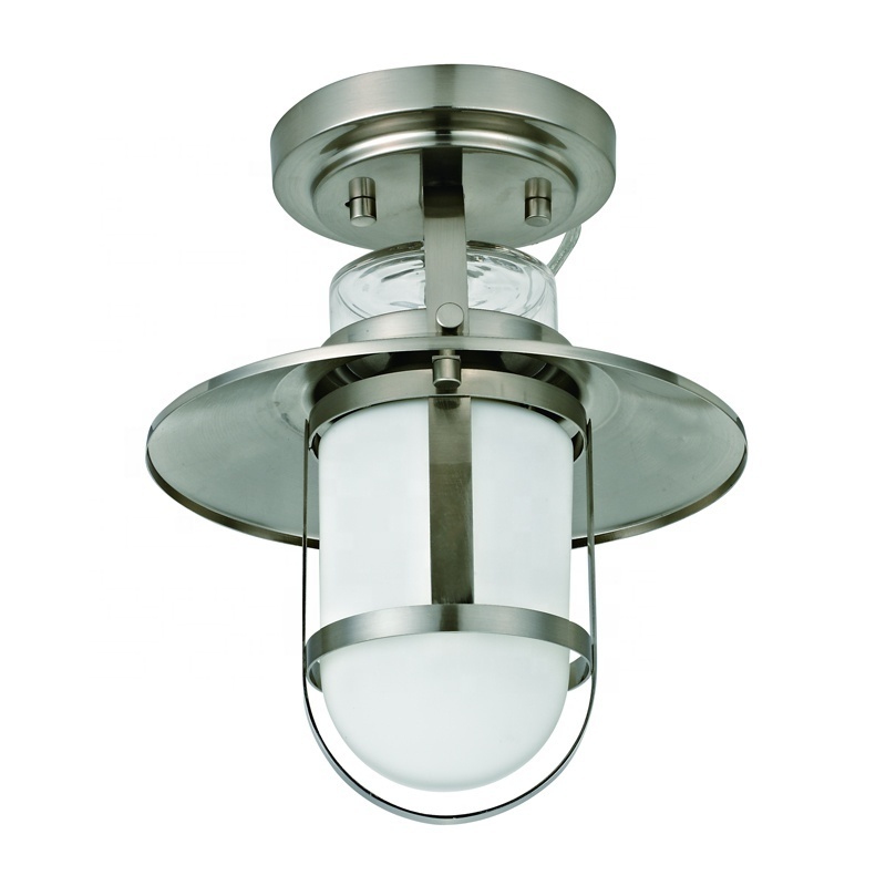 Outdoor 1-light ceiling light brush nickel finish frosted glass shade Semi Flush Mount hall Hallway Corridor Porch Patio