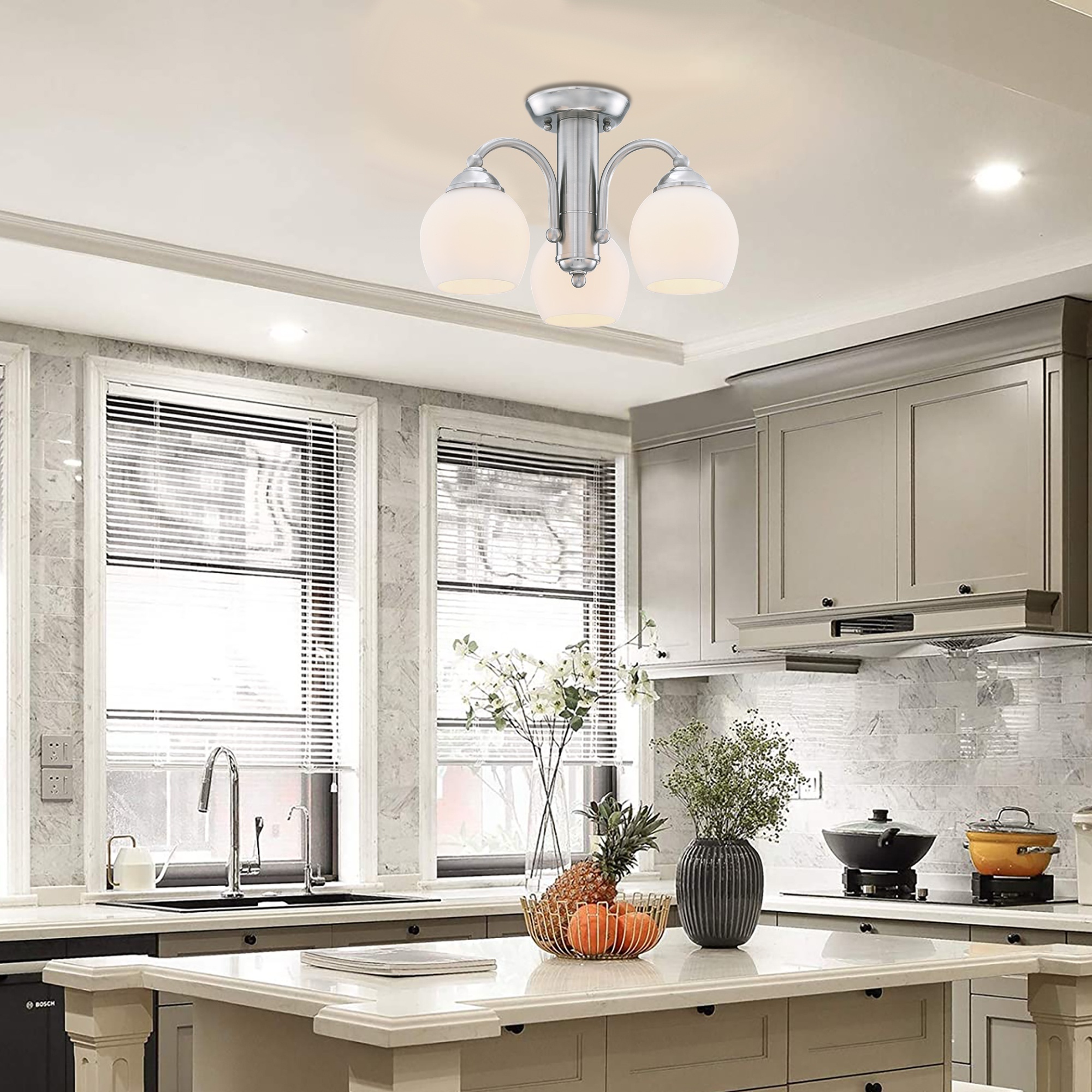 Semi-flush mount 3-lights Ceiling light Brushed nickel black bronze finish double white glass shades Hallway Kitchen