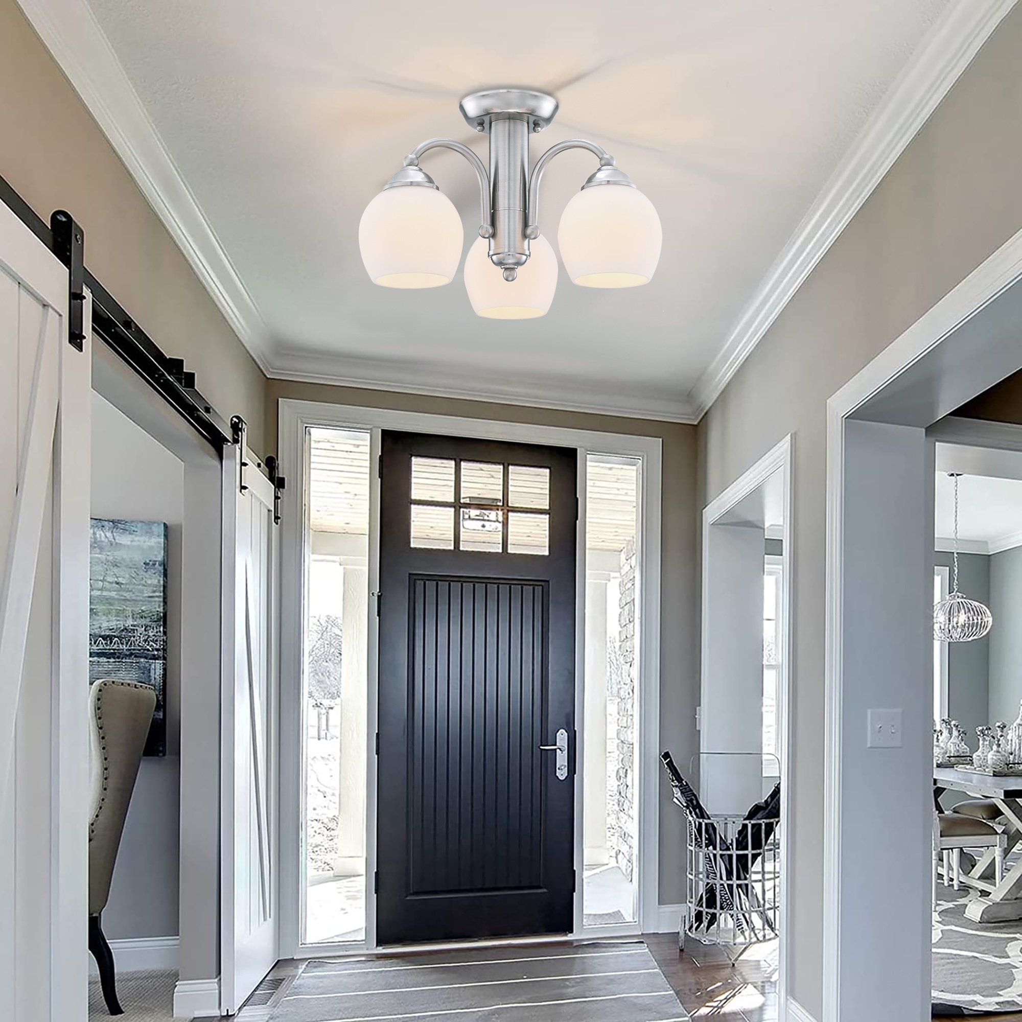 Semi-flush mount 3-lights Ceiling light Brushed nickel black bronze finish double white glass shades Hallway Kitchen