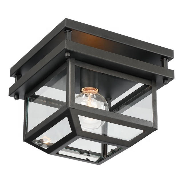 New Design Ceiling light Modern flush Mount fixture with black finish and clear glass shade Metal Cage Porch Hallway Patio