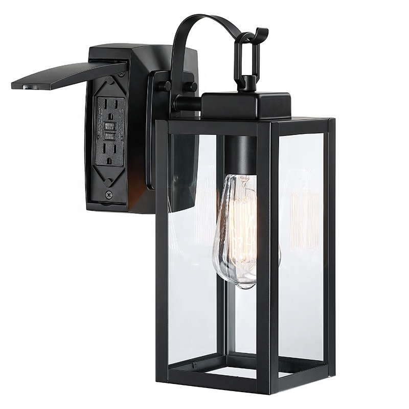 Outdoor wall lamp with GFCI Outlet Garden Mounted Lantern Exterior Fixture Sconce  Metal black finish clear glass shape Porch