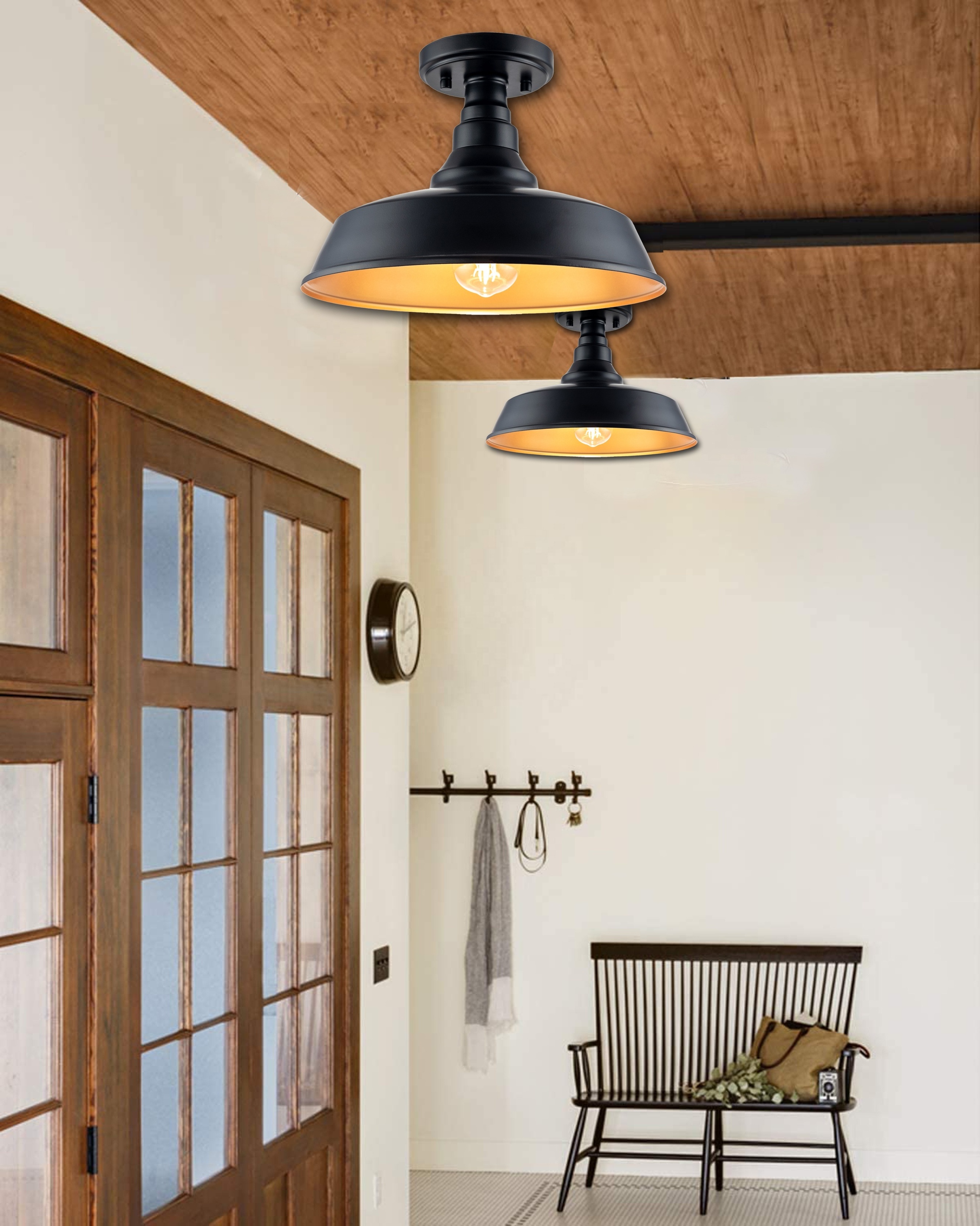 1- Lamp Industrial Metal Semi Flush Mount Ceiling Light Black finish built-in gold steel shade Hallway Entryway Foyer