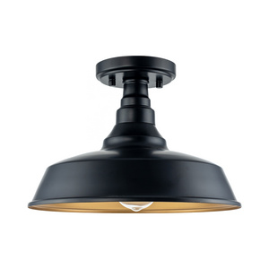 1- Lamp Industrial Metal Semi Flush Mount Ceiling Light Black finish built-in gold steel shade Hallway Entryway Foyer