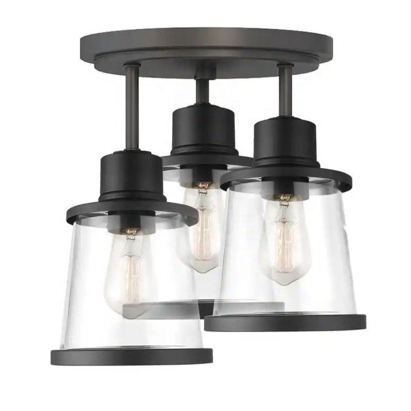 3-Light Ceiling Light Black Semi-Flush Mount lamp fixture with Clear Glass Shade Bedroom Entryway Foyer Hallway