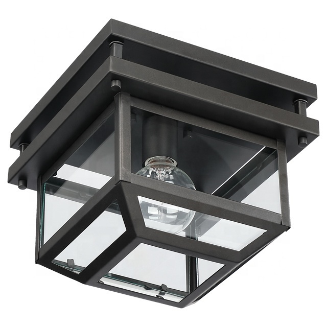 New Design Ceiling light Modern flush Mount fixture with black finish and clear glass shade Metal Cage Porch Hallway Patio