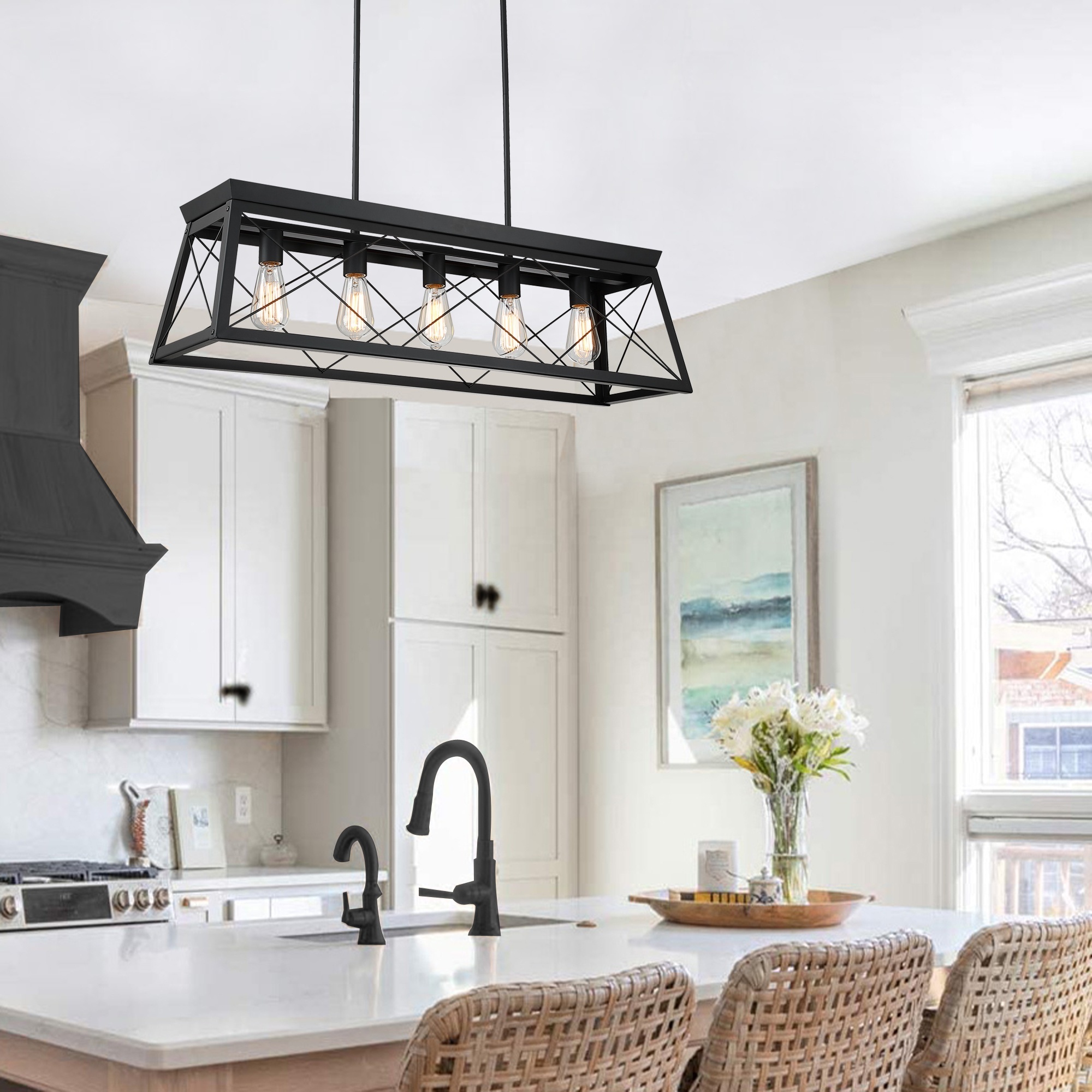 5-Light Linear Pendant Light Fixture Farmhouse Rectangular hanging Chandeliers Kitchen Island dining room black finish