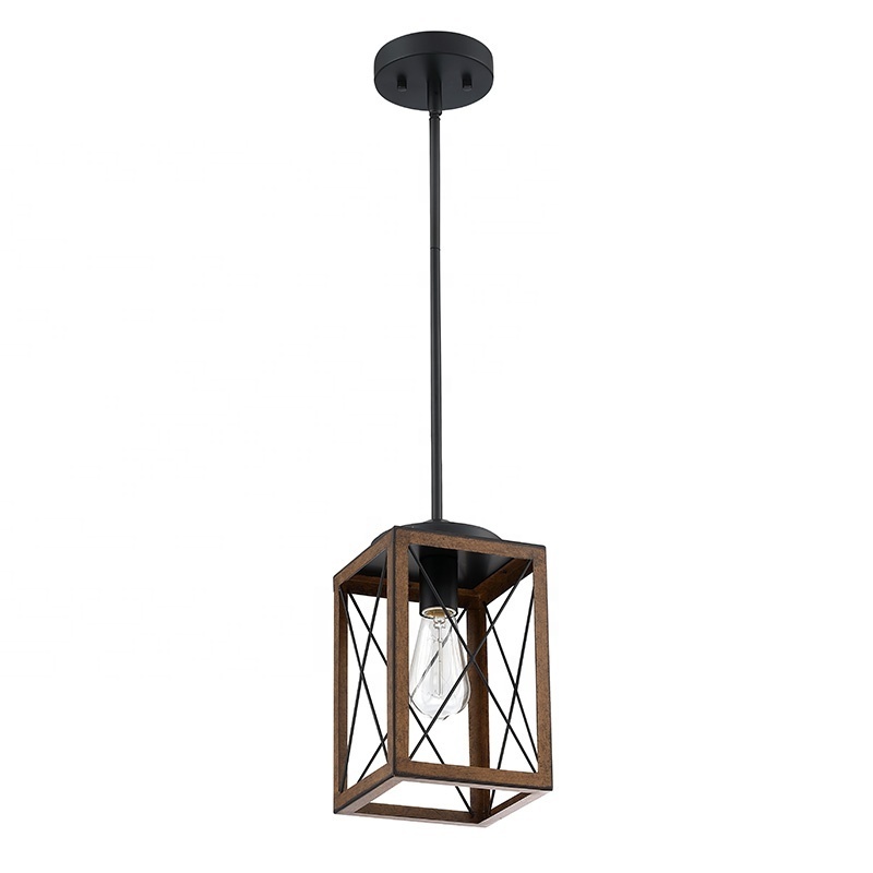 1-Light Farmhouse Modern Chandelier mini-Pendant Light Hanging Lantern black and wood finish for Porch entryway